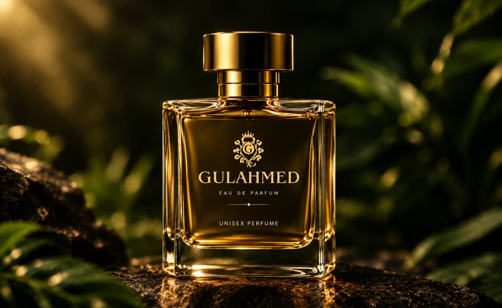 "Best unisex perfume by GulAhmed Perfumes featuring a luxurious golden glass bottle with an elegant gold cap, surrounded by lush green leaves and warm golden lighting."
